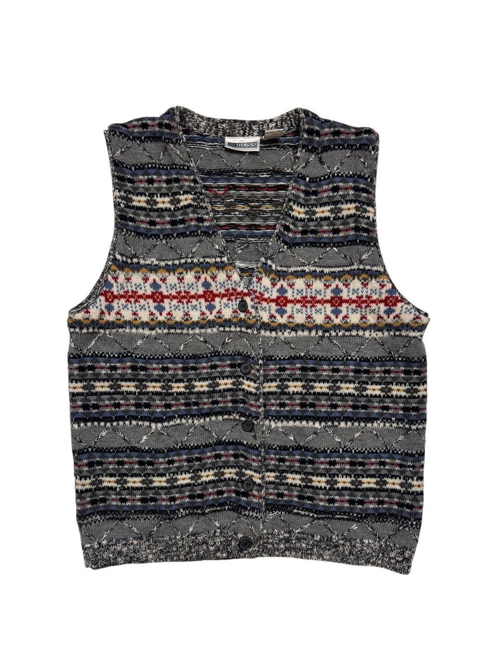 VINTAGE Russ Women's Gray Fair Isle Button Front Wool Blend Knit Vest Size Large
